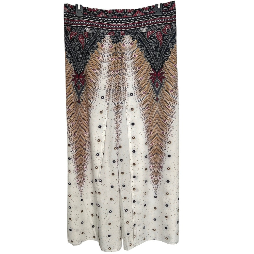 Women L/XL Wide Leg Palazzo Pant Pull On Cream Brown Paisley Peacock Boho Resort